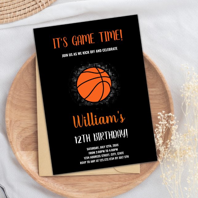 Tarjeta Fiesta deportiva para niños con tema de co (Orange Basketball Birthday Invitations)