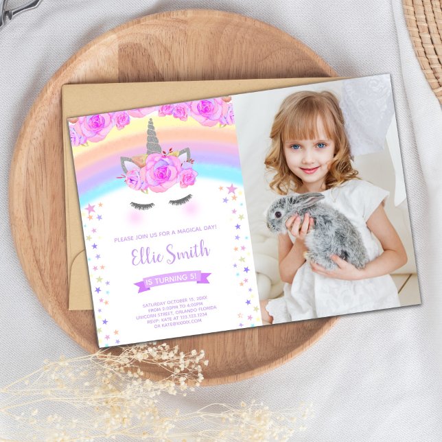 Tarjeta Fiesta editable (Purple Unicorn Birthday Invitation with photo)
