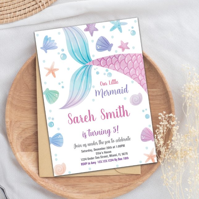 Tarjeta Fiesta editable bajo el mar para Chicas (Purple Pink Mermaid Tail Birthday Invitation)