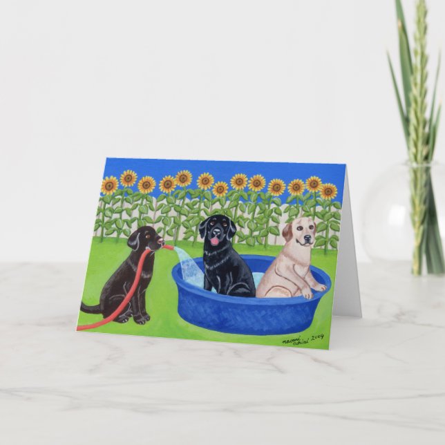 Tarjeta Fiesta en la piscina divertida Labradors (Anverso)