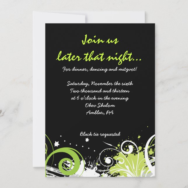 Tarjeta Fiesta LIME GREEN SWIRS & STARS Bat Mitzva (Anverso)