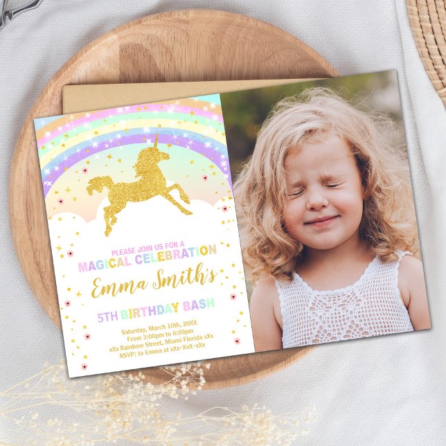 Tarjeta Fiesta mágica editable (Gold Glitter Rainbow Unicorn Invitations Photo)
