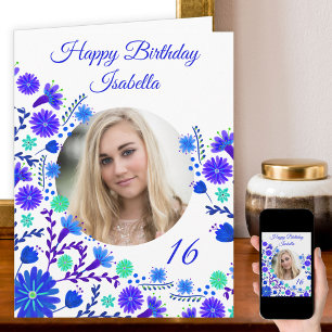 Tarjeta Fiesta Mexicana Azul Púrpura Floral Foto Cumpleaño