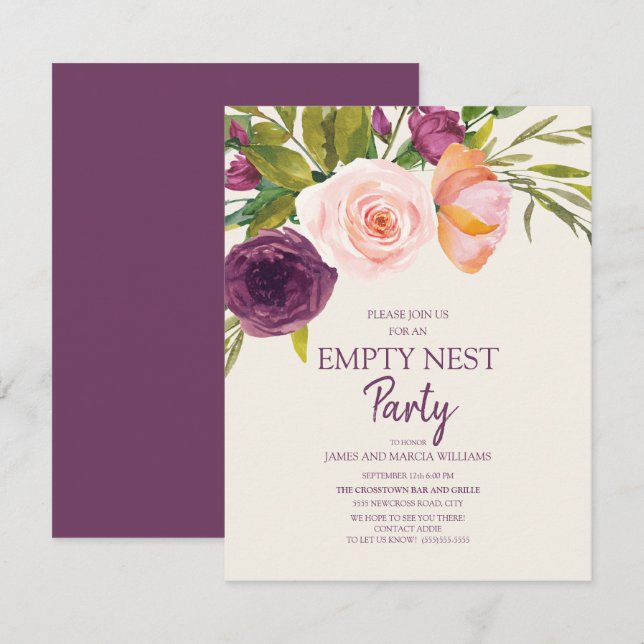 Tarjeta Fiesta morado de nido vacío con floral rosa Rubor (Anverso / Reverso)