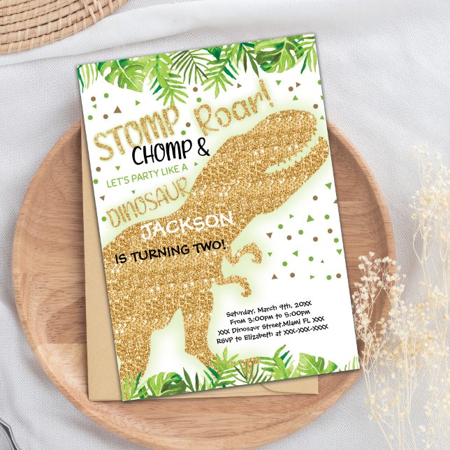 Tarjeta Fiesta para niños (Green Gold Glitter Dinosaur Birthday Invitations)