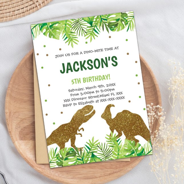 Tarjeta Fiesta para niños o Chicas (Green Glitter Dinosaur Birthday Invitations)