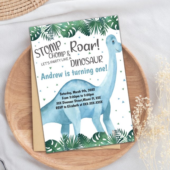 Tarjeta Fiesta para niños o Chicas (Green Blue Dinosaur Birthday Invitations)