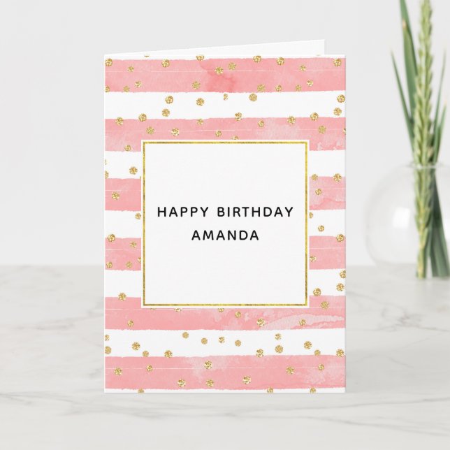 Tarjeta Fiesta rosa Rubor Stripes & Faux Gold Confetti Cum (Anverso)