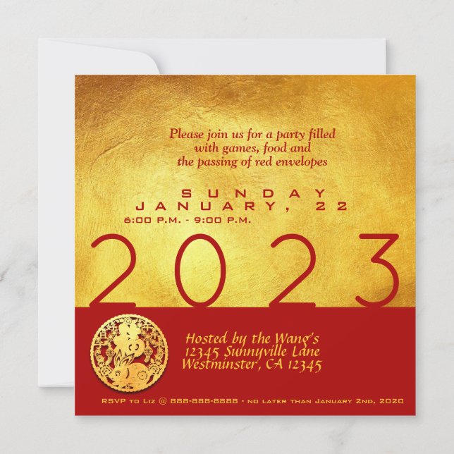 Tarjeta Fiesta SqInv 2023 de Red Gold Chinese Rabbit (Reverso)