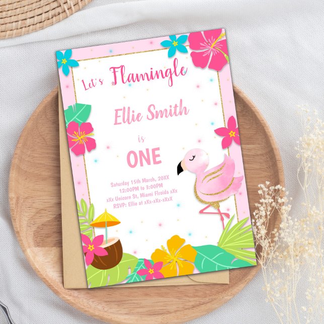 Tarjeta Fiesta tropical "One in a Melon" para Chic (Pink 1st Birthday Flamingo Invitations)