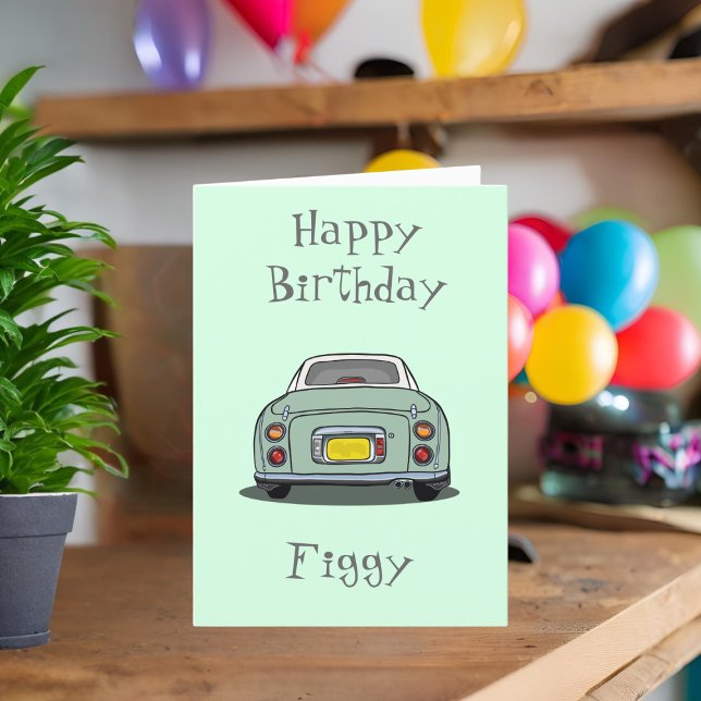 Tarjeta Figaraciones Green Figaro Motor Car Birday (Happy Birthday to your Emerald Green Figaro! Send them this card. They'll love you even more!)