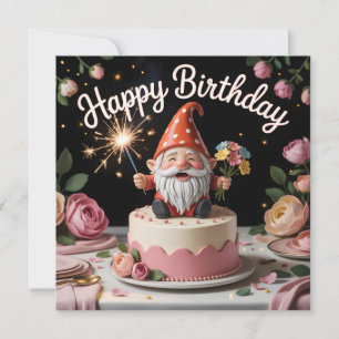 Tarjeta Figura de Gnomo de Cumpleaños en una Torta
