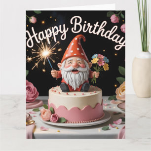 Tarjeta Figura de Gnomo Feliz Cumpleaños en una Torta