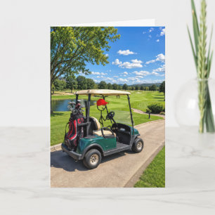 Tarjeta Figura de palitos golfista en un carrito de golf