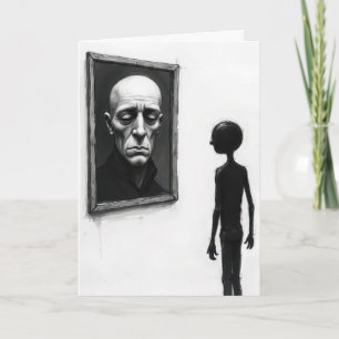 Tarjeta Figura de palitos mirando a un retrato de un hombr