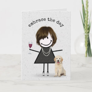 Tarjeta Figura de palo Chica de cumpleaños con perro