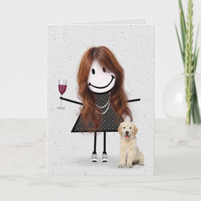 Tarjeta Figura de palo Chica de cumpleaños con recuperador (Anverso)