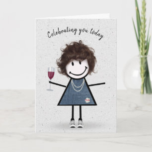 Tarjeta Figura de palo Chica de cumpleaños con vidrio de v