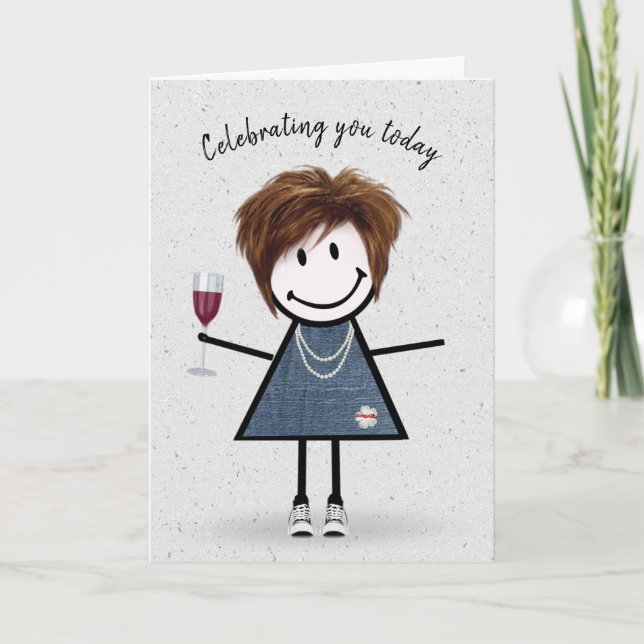 Tarjeta Figura de palo Chica de cumpleaños con vidrio de v (Anverso)