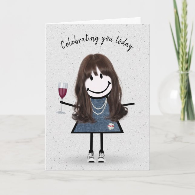 Tarjeta Figura de palo Chica de cumpleaños con vidrio de v (Anverso)