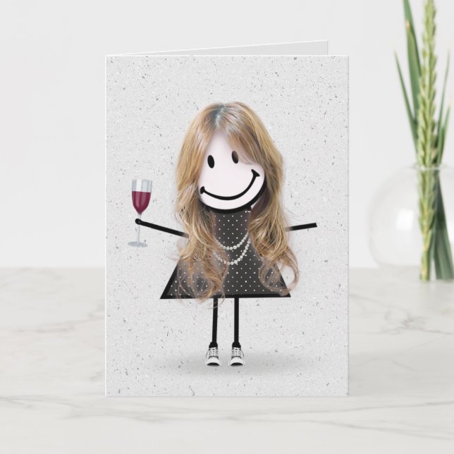 Tarjeta Figura de palo Chica de cumpleaños con vino (Anverso)