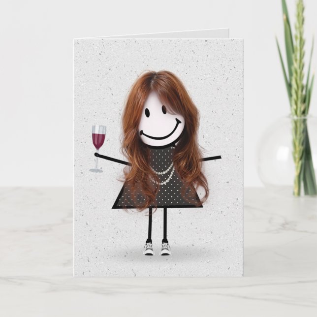 Tarjeta Figura de palo Chica de cumpleaños con vino (Anverso)