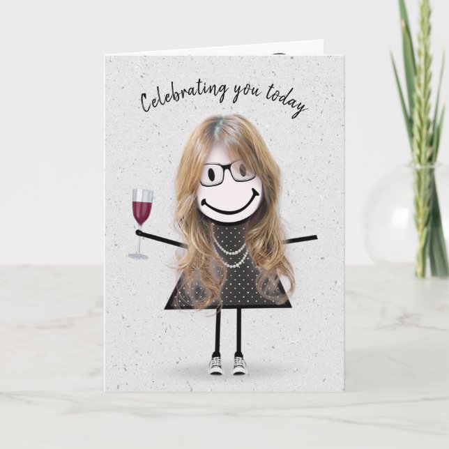 Tarjeta Figura de palo Chica de cumpleaños con vino rojo (Anverso)