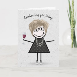 Tarjeta Figura de palo Chica de cumpleaños con vino rojo