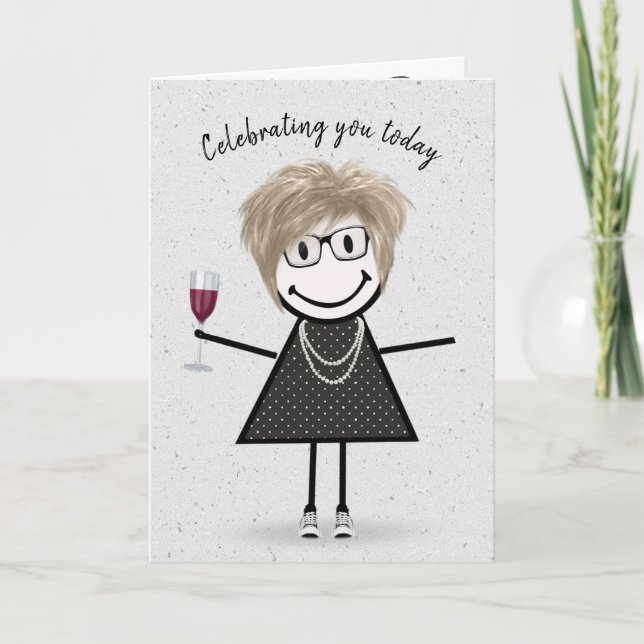 Tarjeta Figura de palo Chica de cumpleaños con vino rojo (Anverso)