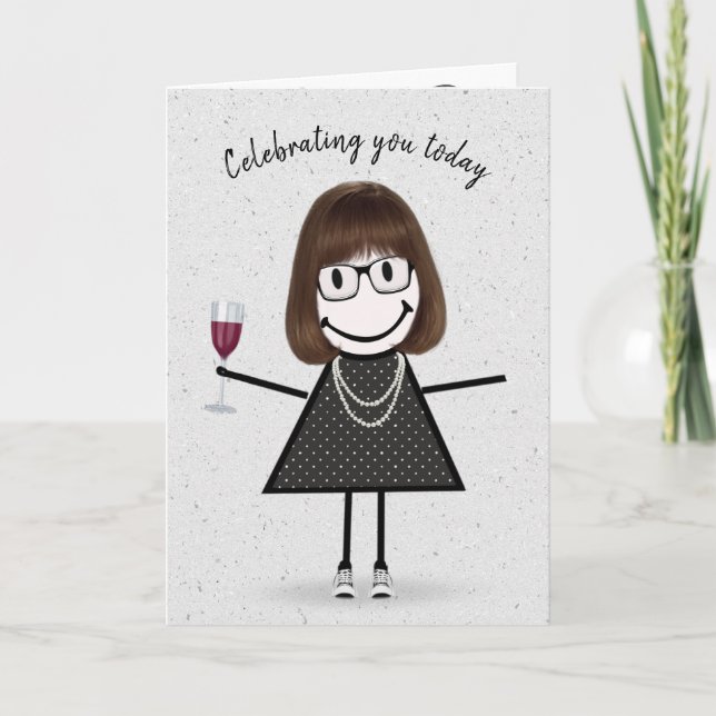 Tarjeta Figura de palo Chica de cumpleaños con vino rojo (Anverso)