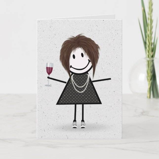 Tarjeta Figura de palo Chica de cumpleaños con vino rojo (Anverso)