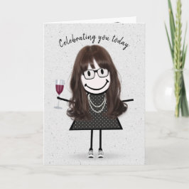 Tarjeta Figura de palo Chica de cumpleaños con vino rojo