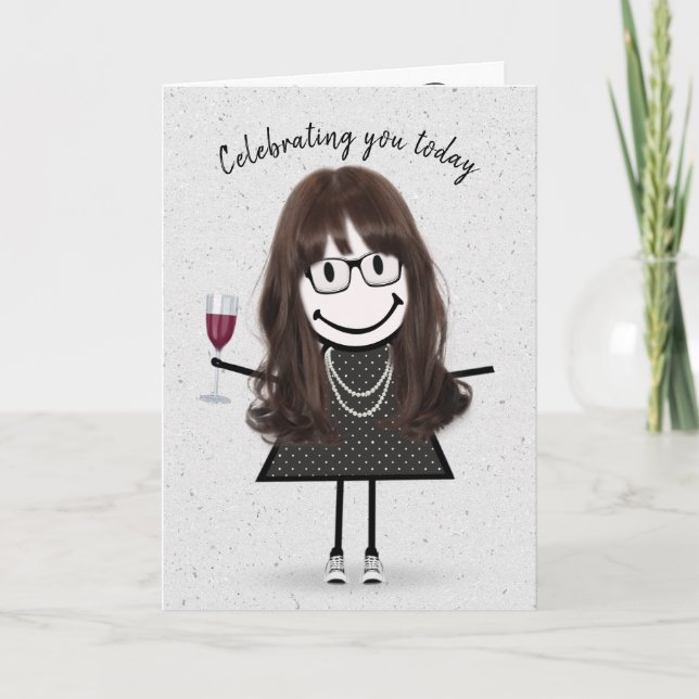 Tarjeta Figura de palo Chica de cumpleaños con vino rojo (Anverso)
