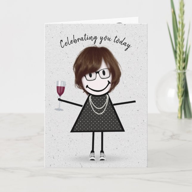 Tarjeta Figura de palo Chica de cumpleaños con vino rojo (Anverso)