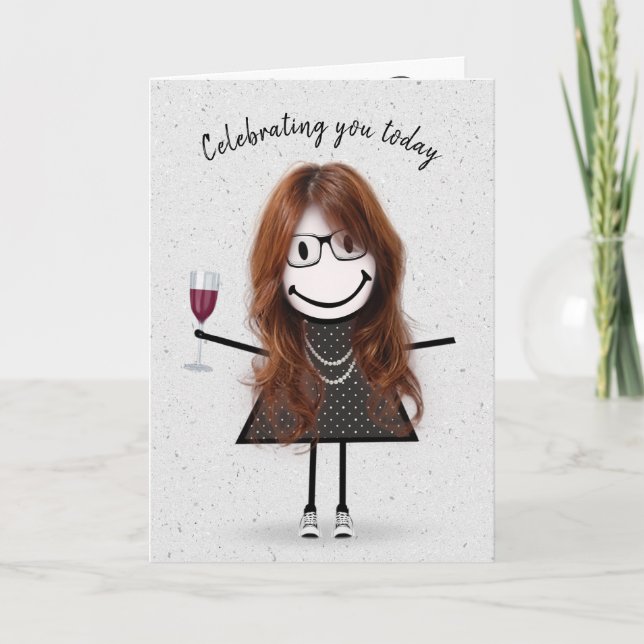 Tarjeta Figura de palo Chica de cumpleaños con vino rojo (Anverso)
