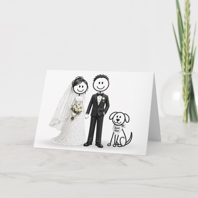 Tarjeta Figuras de palitos de boda con perro de padrino (Anverso)