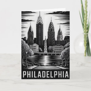 Tarjeta Filadelfia Pensilvania Grabado en Madera Blanco y 