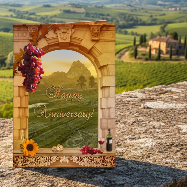 Tarjeta Fine Art Vineyard Anniversary Congratulations (Anniversary congratulations card in classic Italian vintage style with a vineyard theme)