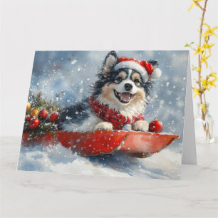 Tarjeta Finnish Lapphund en Trineo Deja que nieve Navidad