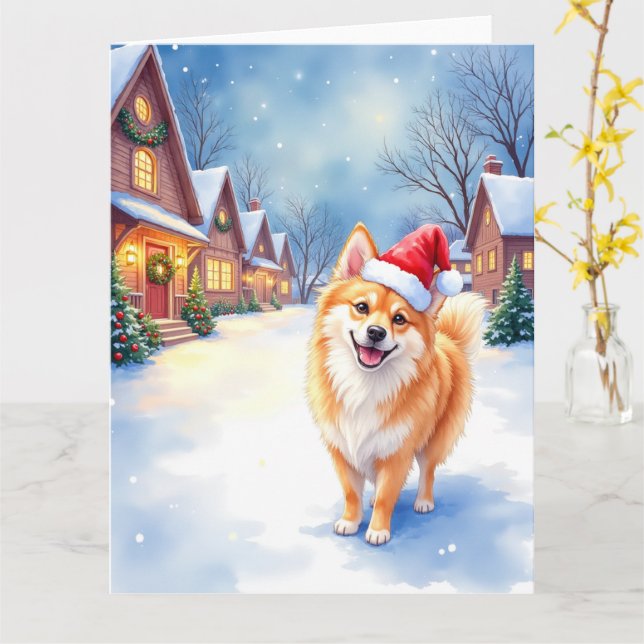 Tarjeta Finnish Lapphund Snowy Village Santa Hat Christmas (flor amarilla)