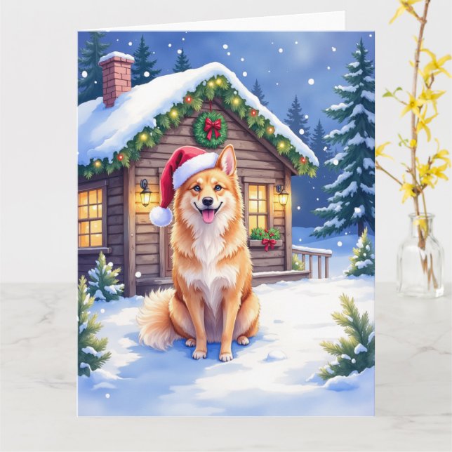 Tarjeta Finnish Spitz Snowy Cabin Santa Hat Christmas Art (flor amarilla)