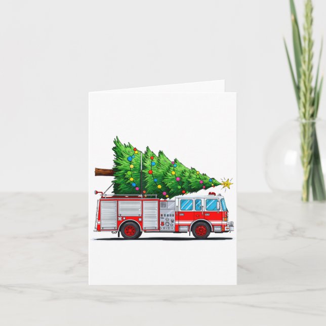 Tarjeta Fire Truck Christmas Tree Xmas Lights Firefighter  (Anverso)