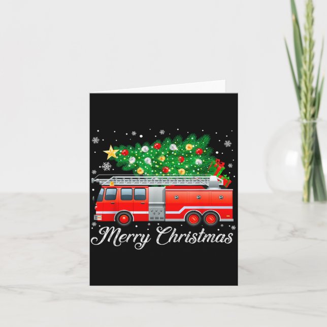 Tarjeta Firetruck Christmas Tree Funny Xmas Pajamas Firefi (Anverso)