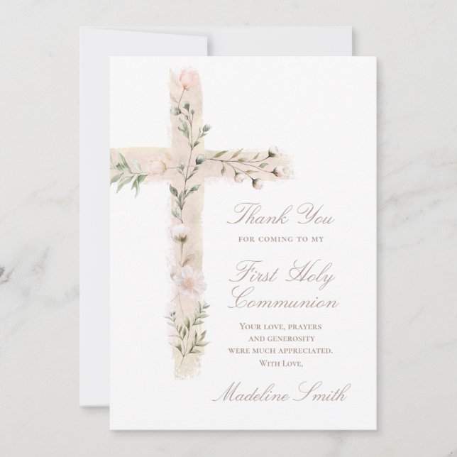 Tarjeta First Communion floral cross thank you (Anverso)