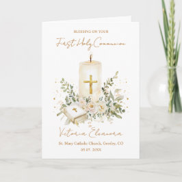 Tarjeta First Holy Communion Candle Bible Greenery Leaves