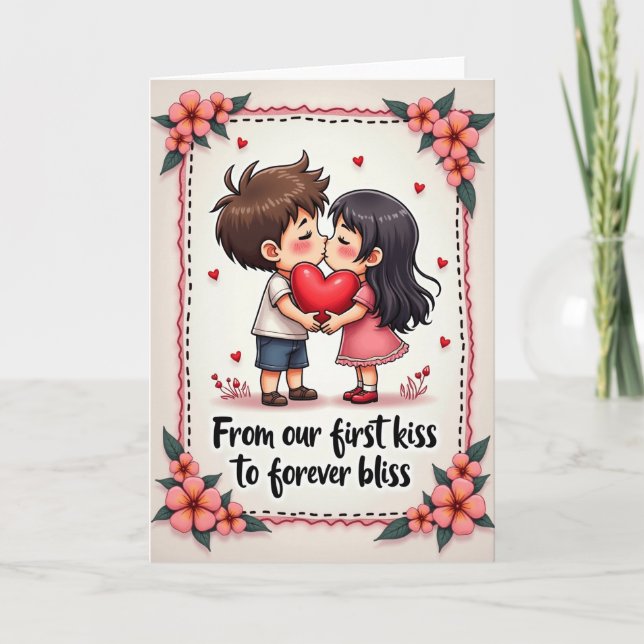 Tarjeta First Kiss Cute Couple Card (Anverso)