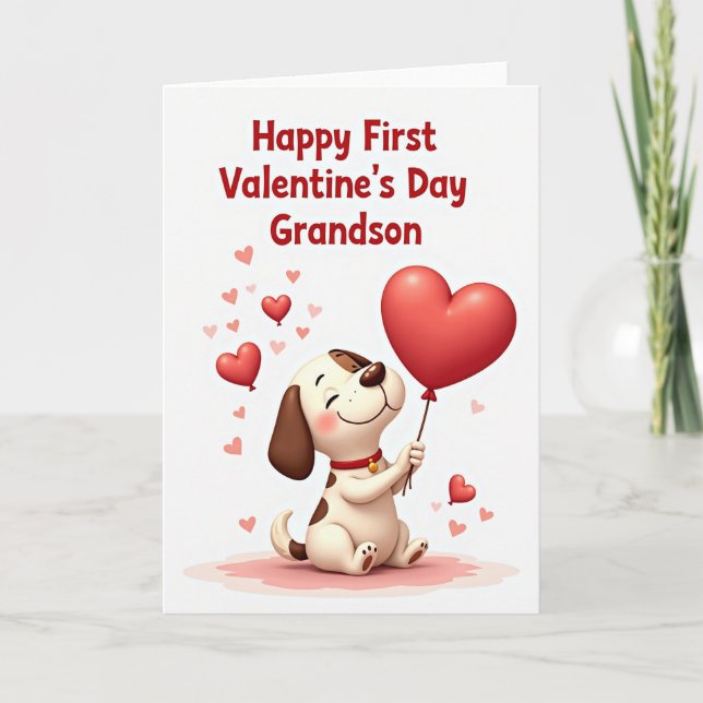 Tarjeta First Valentines Day Grandson Puppy Card (Anverso)