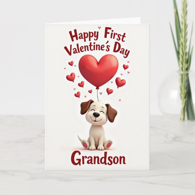 Tarjeta First Valentines Day Puppy Grandson Card (Anverso)