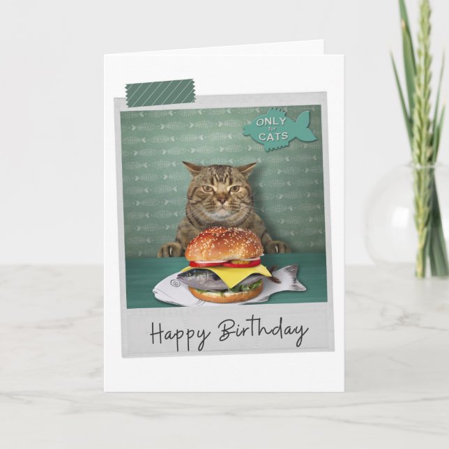 Tarjeta Fish Burger Cat Funny Birday Card (Anverso)