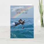 Tarjeta Fishing Reel and Rainbow Birthday Card<br><div class="desc">Salmon fishing reel over blue water with rainbow for father-in-law birthday.
Text can be edited or deleted.</div>